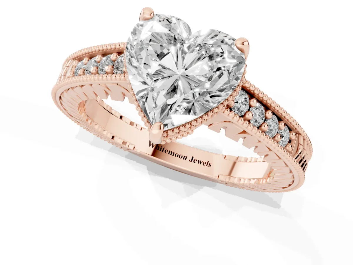 Heart Cut Solitaire Pavé Diamond Milgrain Engagement Ring with Four-Prong Setting Rose gold
