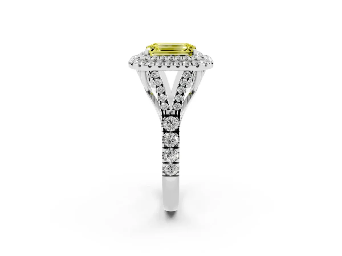Fancy Yellow Emerald Cut Diamond Pavé Split Shank Double Halo Engagement Ring Platinum