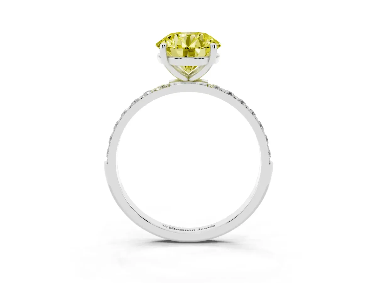 Fancy Yellow Round Cut Diamond Solitaire Ring with Round Pavé Shoulders and Prong Setting Silver
