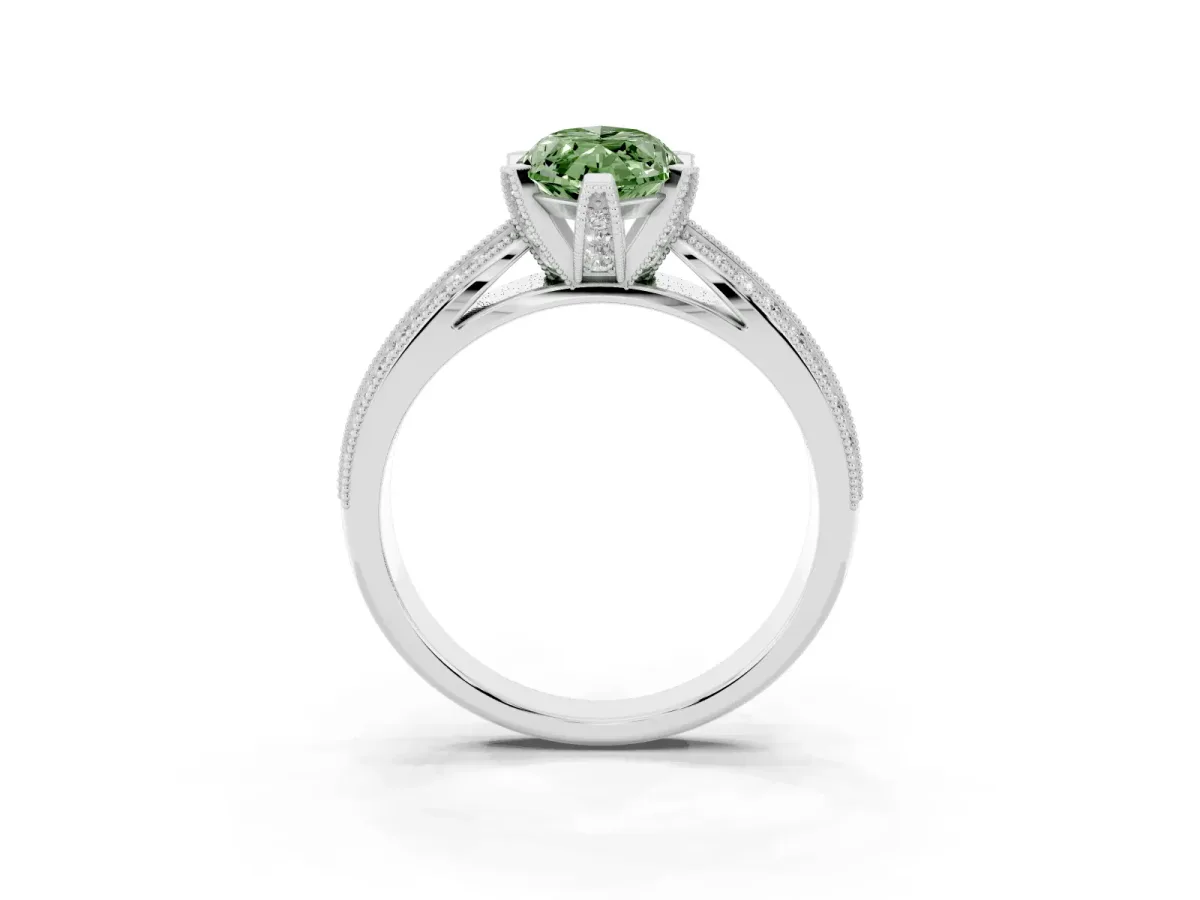 Fancy Green Marquise Cut Diamond Solitaire Ring with Milgrain Round Pavé Band and Prong Setting Platinum