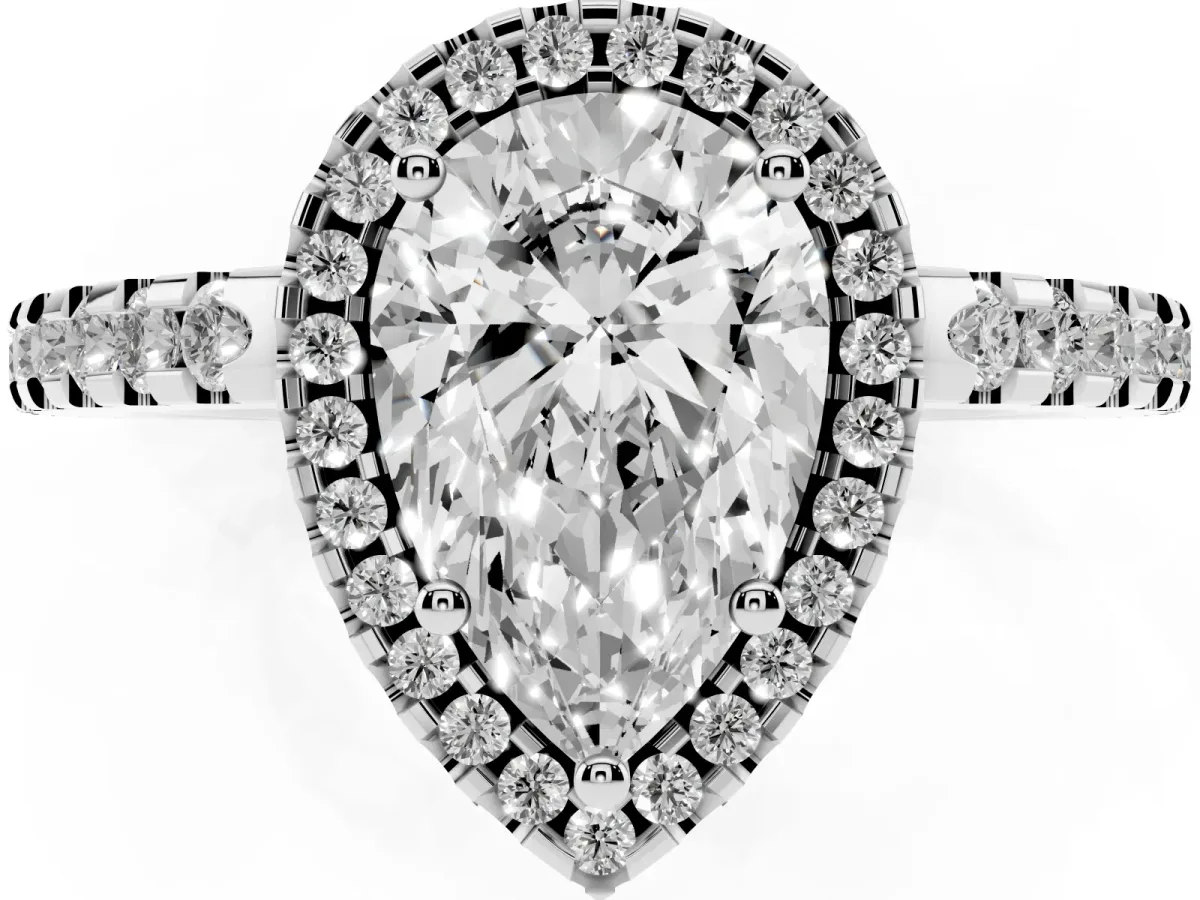 Pear Cut Diamond Halo Engagement Ring with Pavé Band and Prong Setting Silver