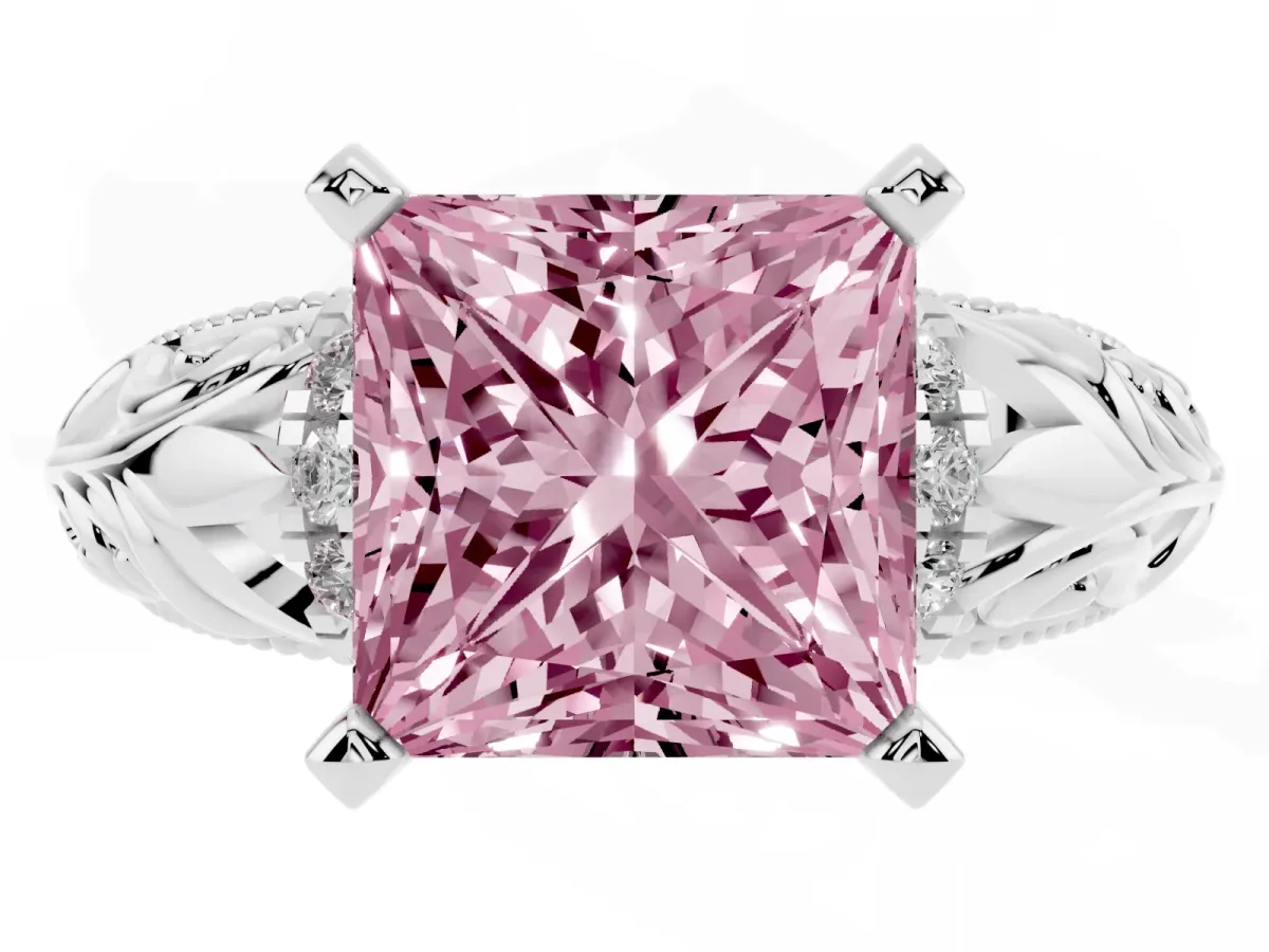 Fancy Pink Princess Cut Solitaire Filigree Engagement Ring with Halo and Prong Setting Platinum