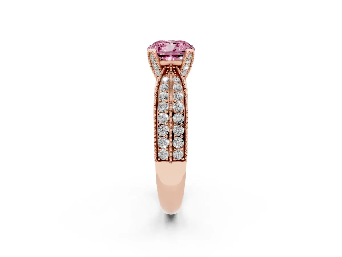 Fancy Pink Cushion Cut Diamond Solitaire Ring with Milgrain Round Pavé Band and Prong Setting Rose gold