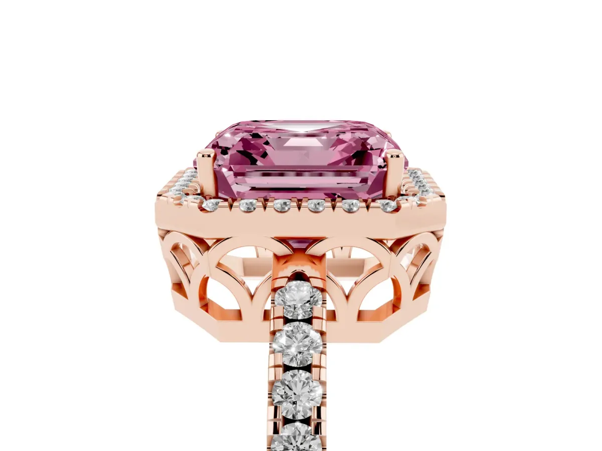 Fancy Pink Asscher Cut Halo Diamond Engagement Ring with Pavé Band and Four-Prong Setting Rose gold