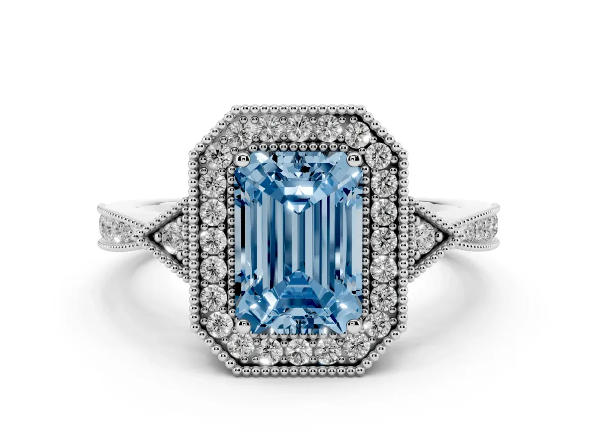 Fancy Blue Emerald Cut Halo Round Diamond Milgrain Pave Engagement Ring Silver