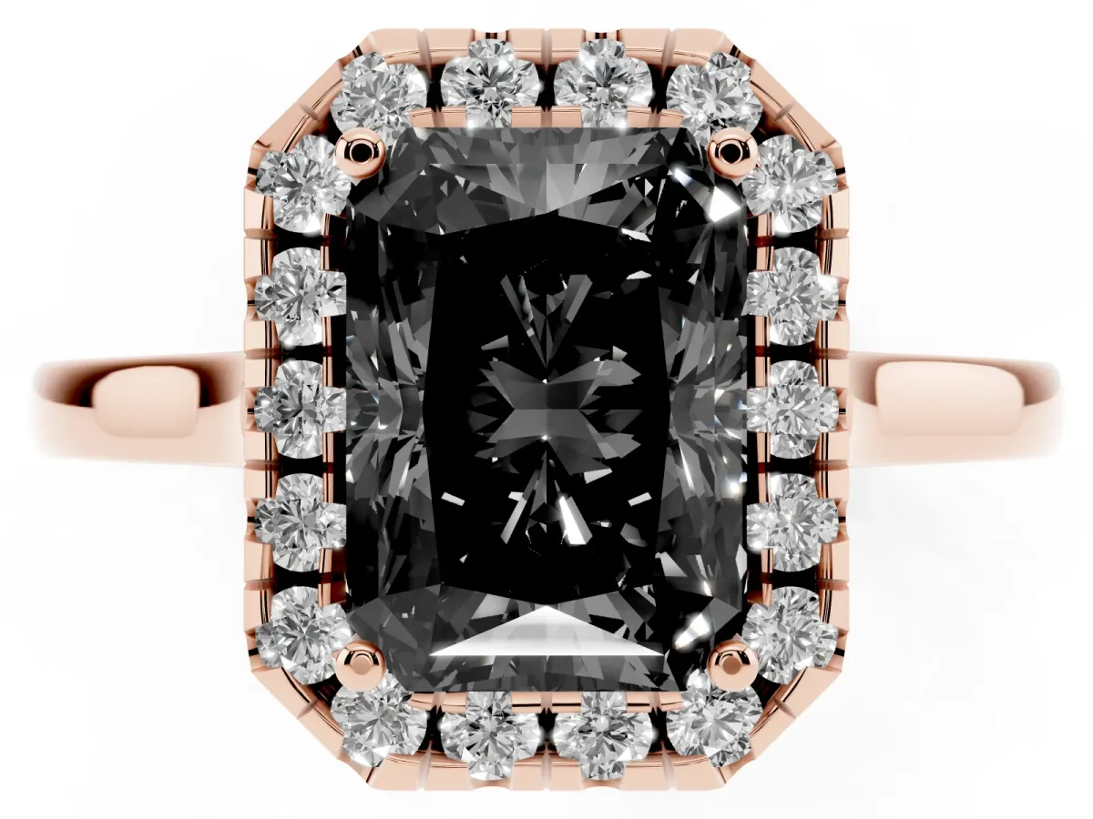Fancy Black Radiant Cut Halo Round Diamond Solitaire Ring with Pavé Band and Four-Prong Setting Rose gold