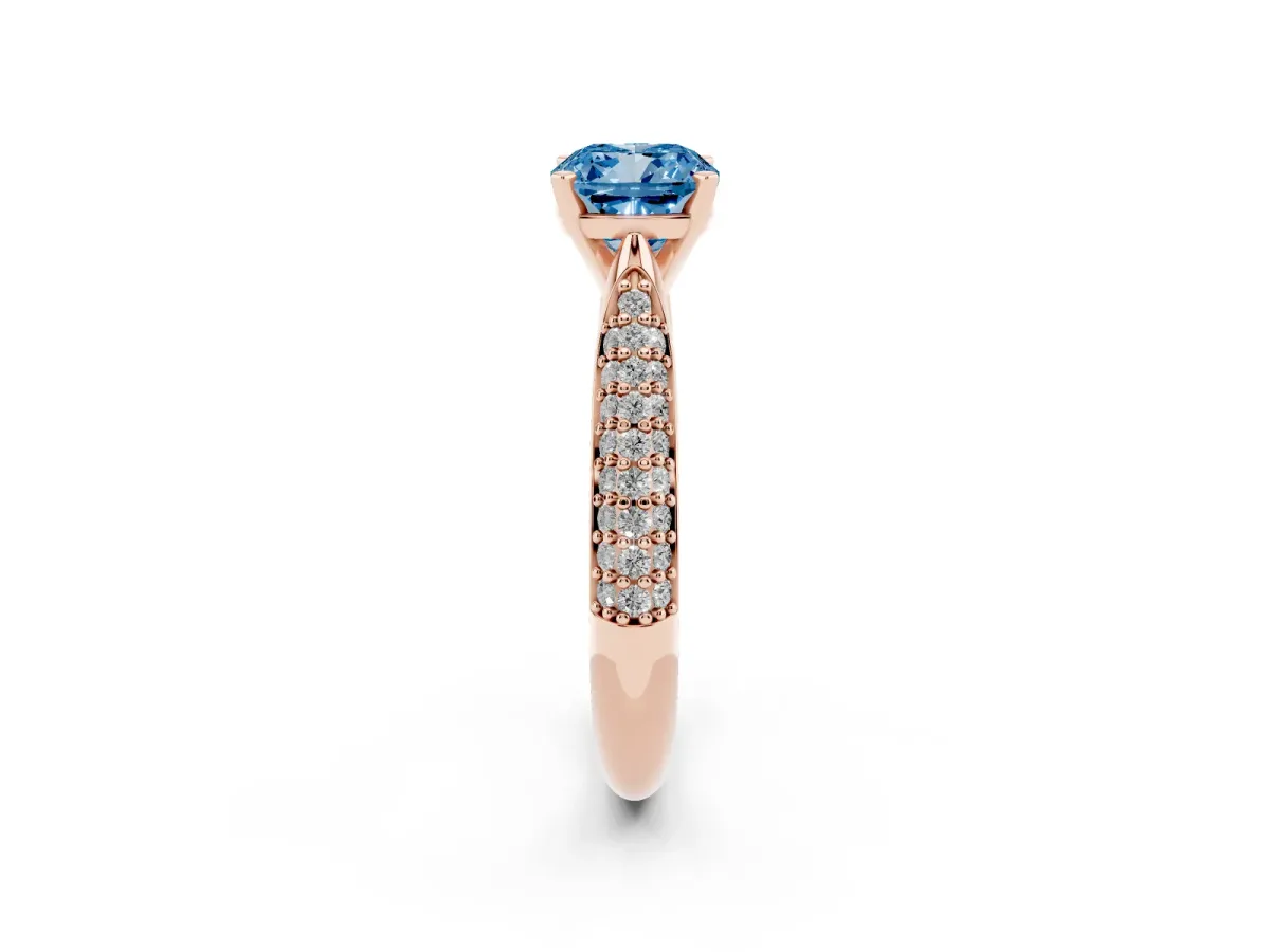 Fancy Blue Cushion Cut Diamond Solitaire Engagement Ring with Multi-Row Round Pavé Band and Prong Setting Rose gold
