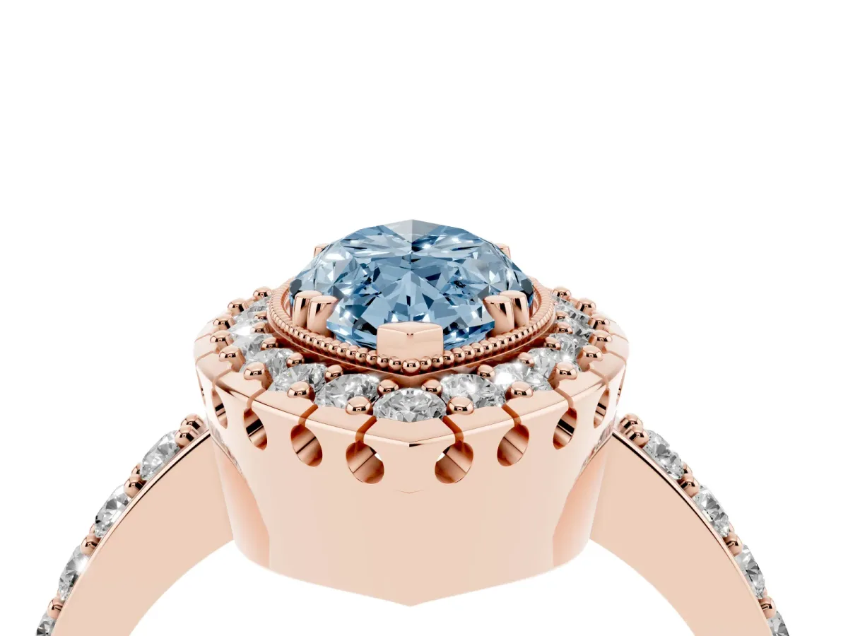 Fancy Blue Marquise Cut Diamond Halo Ring with Pavé Band and Prong Setting Rose gold