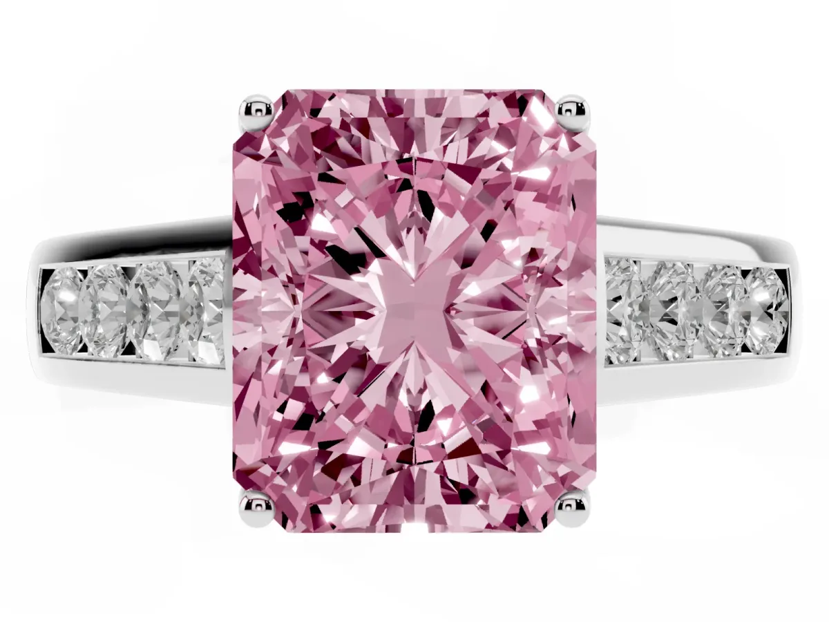 Fancy Pink Radiant Cut Brilliant Channel-Set Solitaire Ring with Four-Prong Setting Platinum