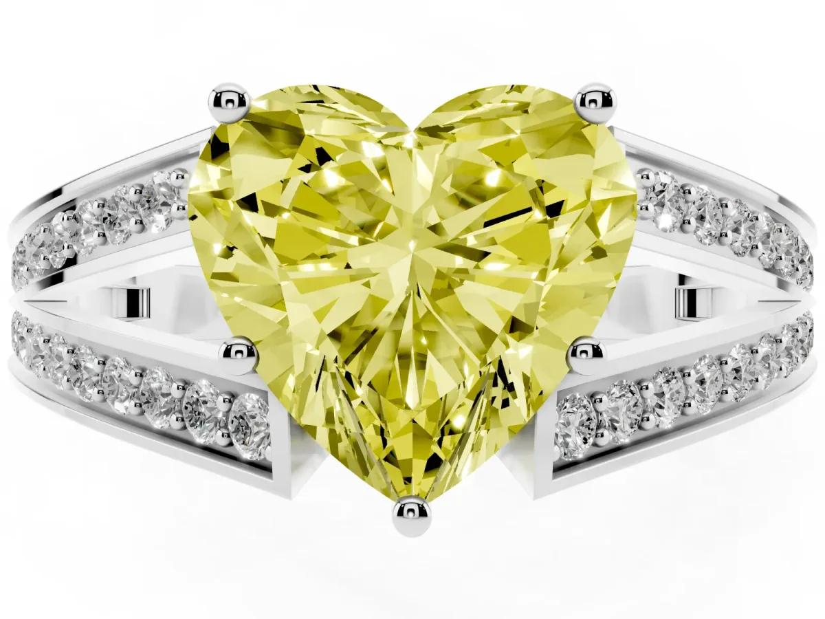 Fancy Yellow Heart Cut Diamond Split Shank Ring with Pavé Band and Four-Prong Setting Platinum