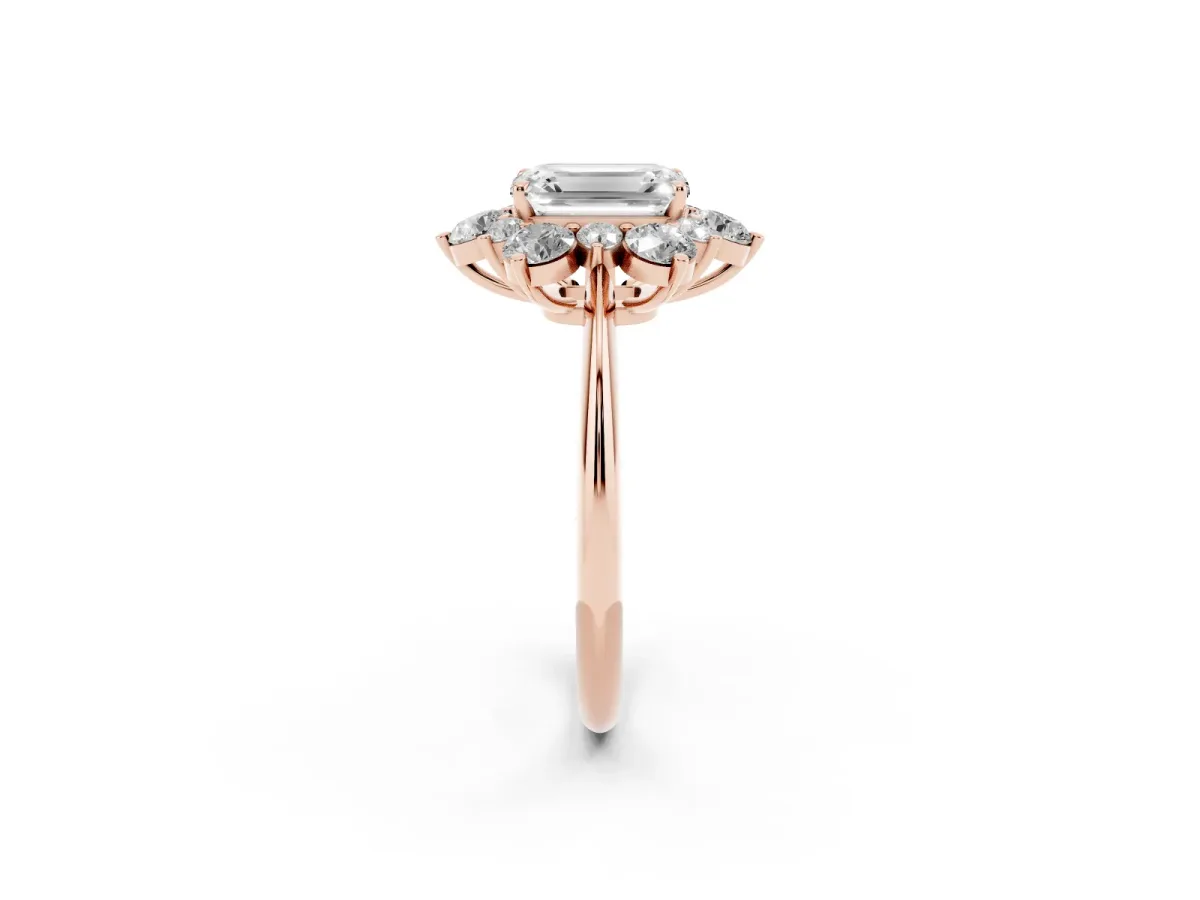 Emerald Cut Diamond Cluster Halo Ring with Solitaire Band and Four-Prong Setting Rose gold