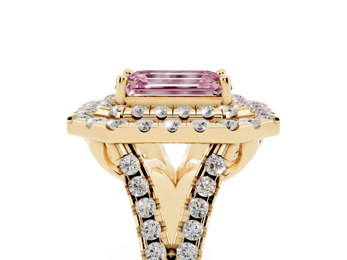 Fancy Pink Double Halo Emerald Cut Diamond Pavé Split Shank Ring with Prong Setting Yellow gold
