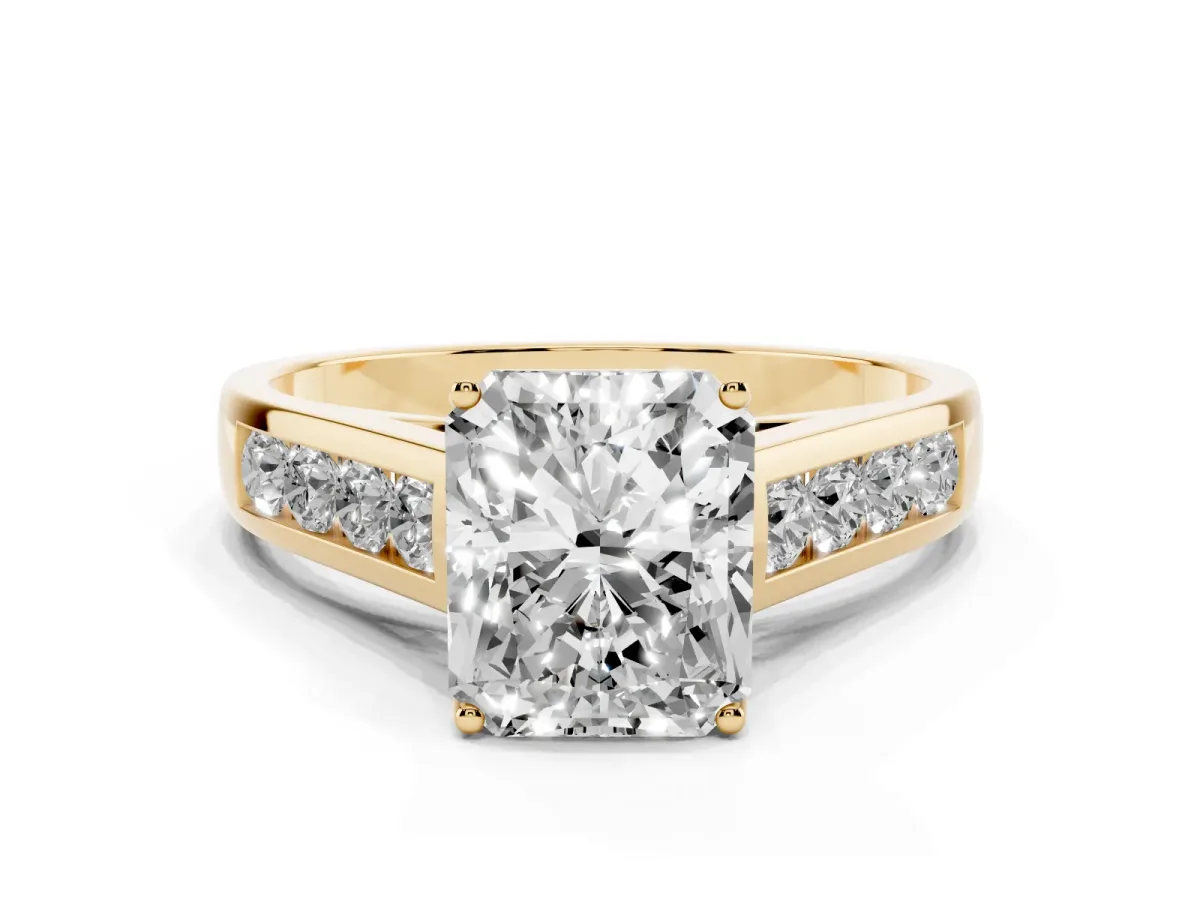 Radiant Cut Solitaire Channel-Set Diamond Engagement Ring with Four-Prong Setting Yellow gold