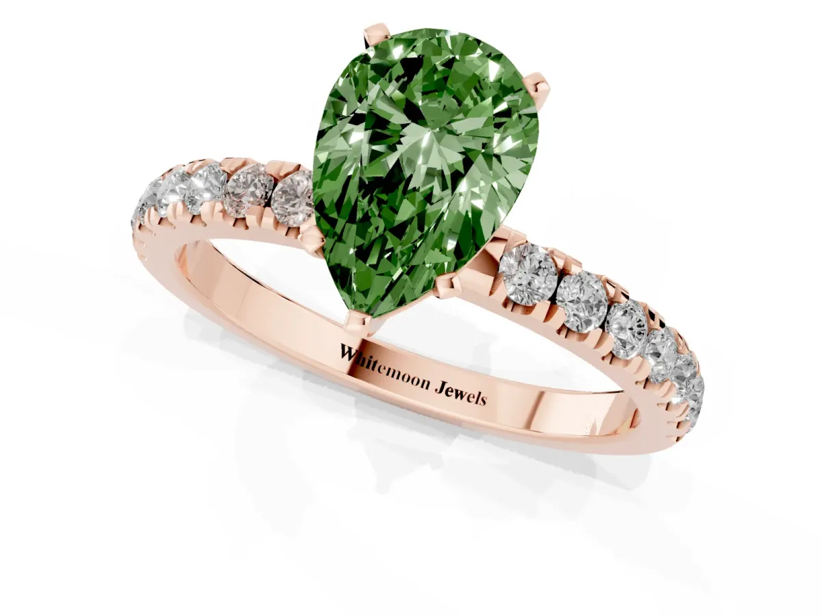 Fancy Green Pear Cut Diamond Solitaire Ring with Pavé Accents and Four-Prong Setting Rose gold