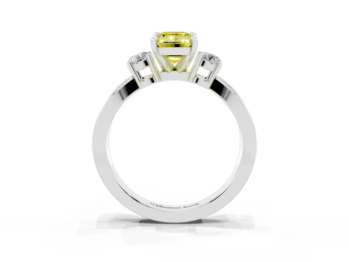 Fancy Yellow Three-Stone Emerald Cut Cut Diamond Twist Band with Prong Setting Platinum