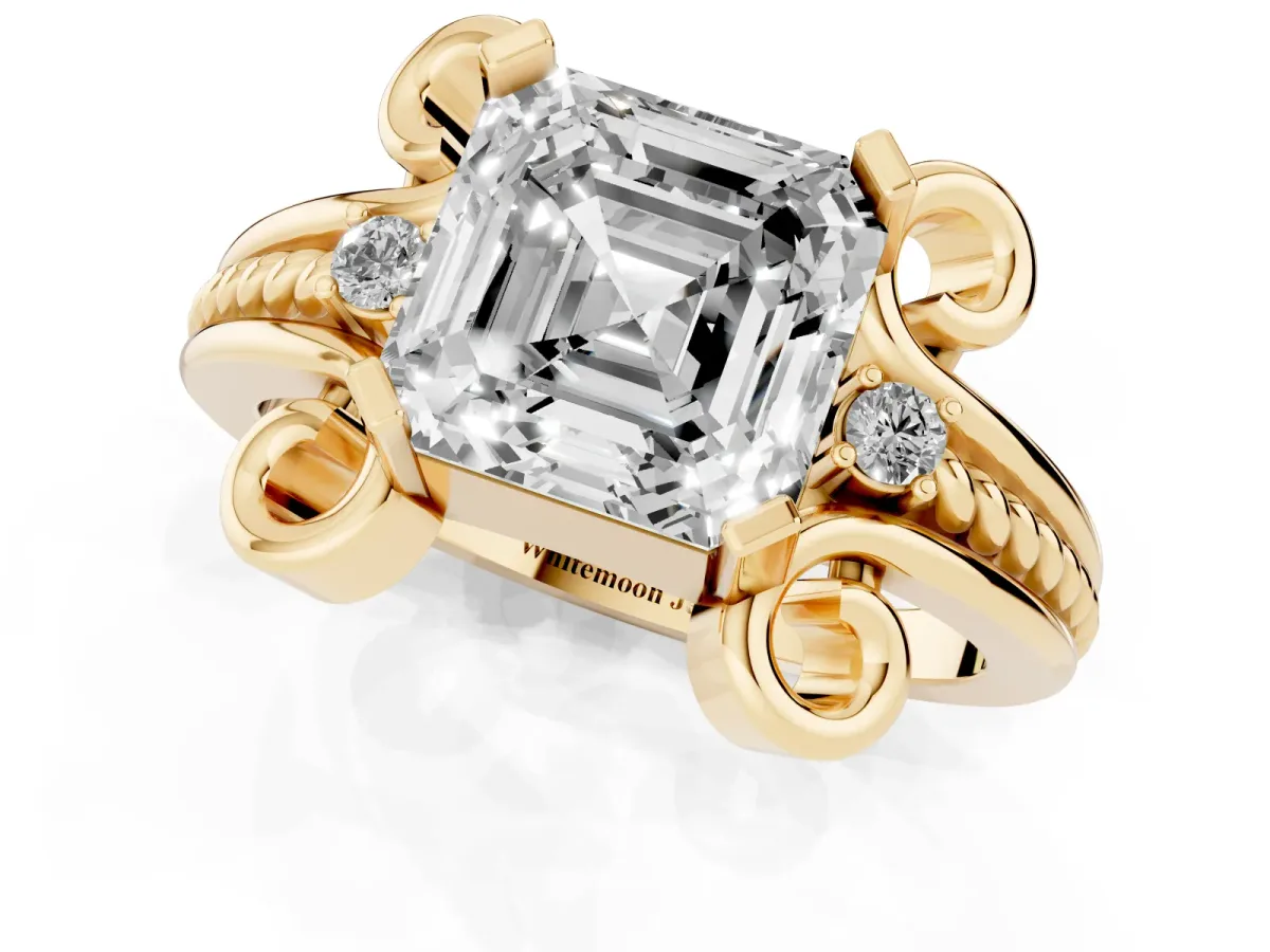 Asscher Cut Solitaire Twisted Band Scroll Prong Ring Yellow gold