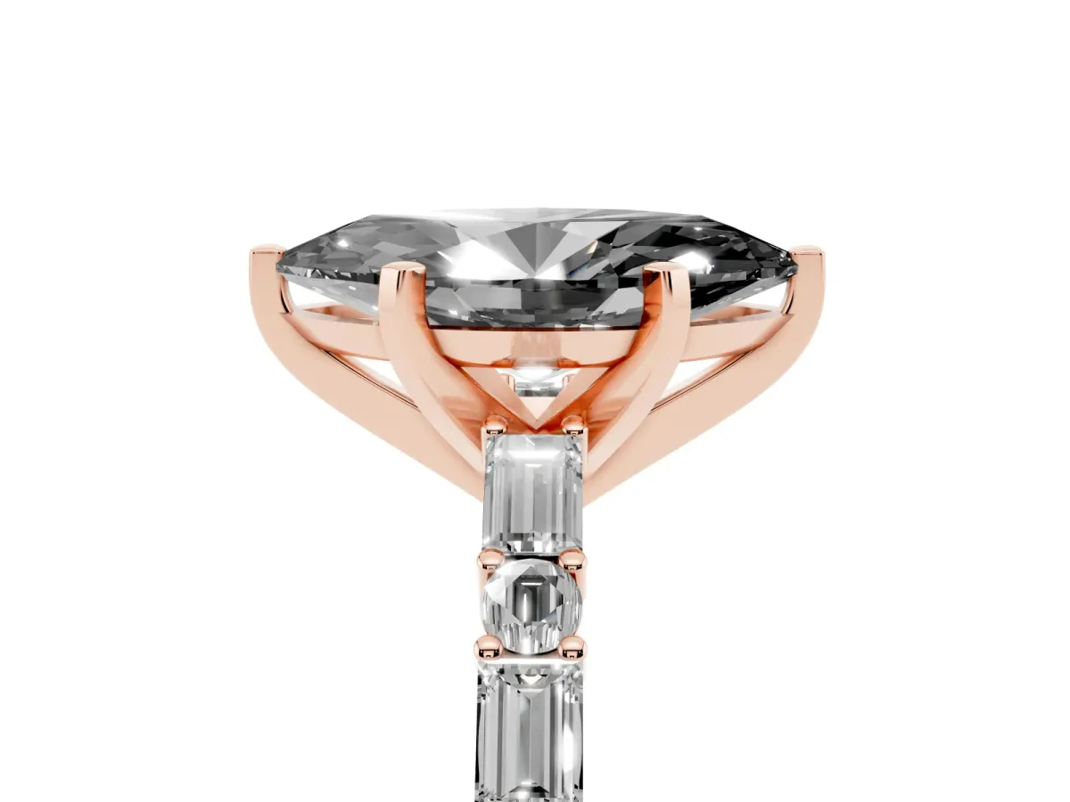 Fancy Black Marquise Cut Diamond Solitaire with Side Baguettes and Channel Set Band Rose gold