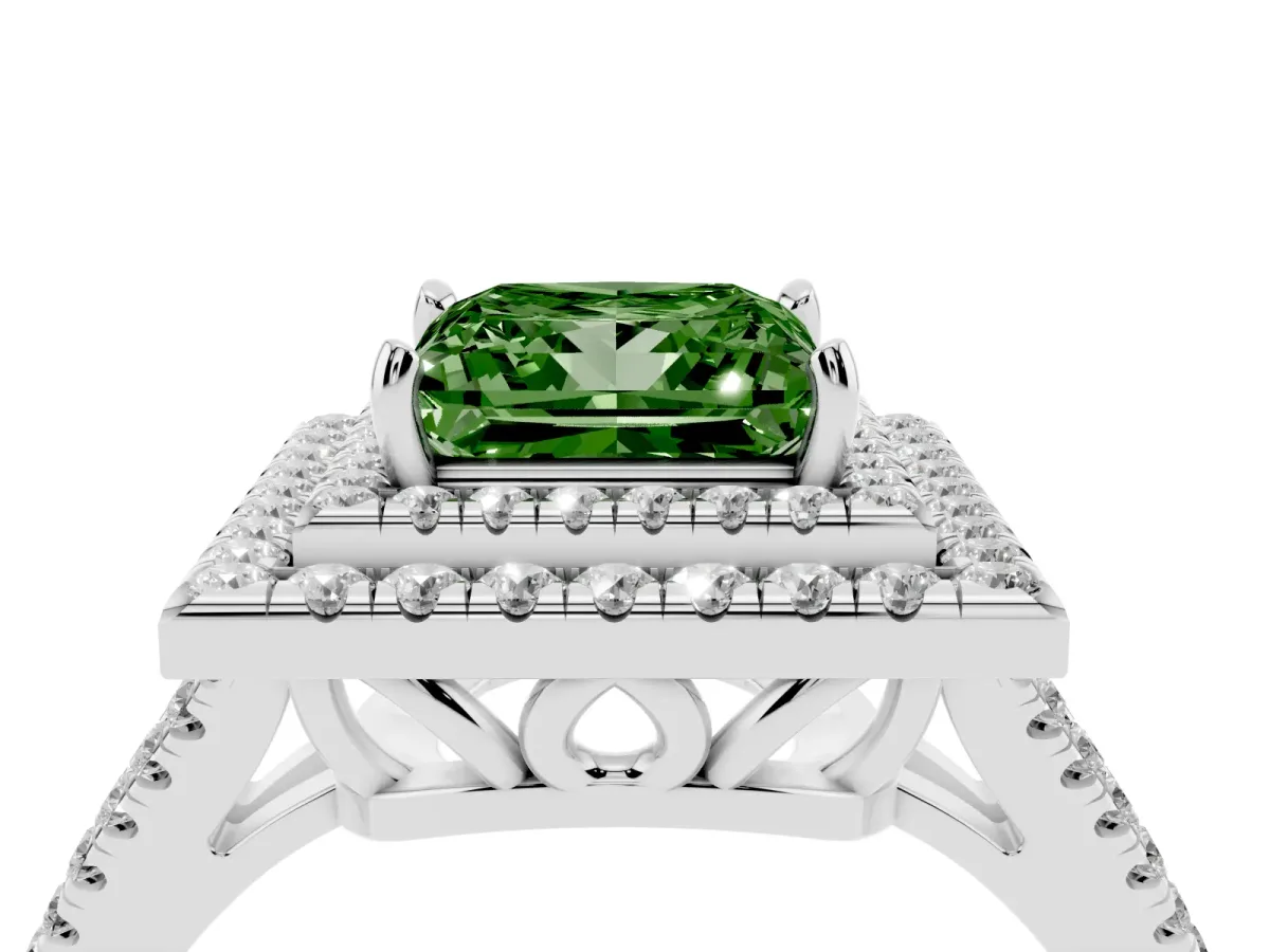 Fancy Green Princess Cut Diamond Double Halo Ring with Pavé Band and Prong Setting White gold