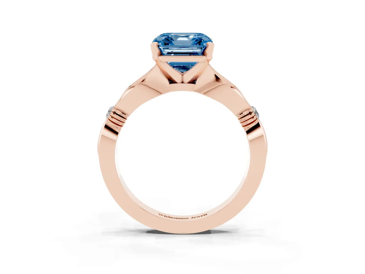 Fancy Blue Asscher Cut Solitaire Diamond Twisted Band with Four-Prong Setting Rose gold