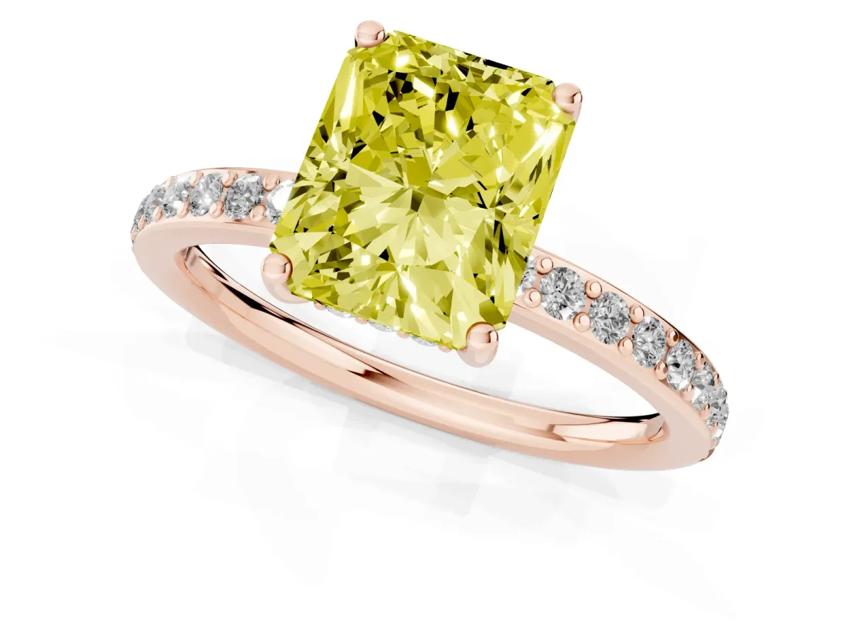 Fancy Yellow Radiant Cut Cut Diamond Pavé Band Ring with Four-Prong Setting Rose gold