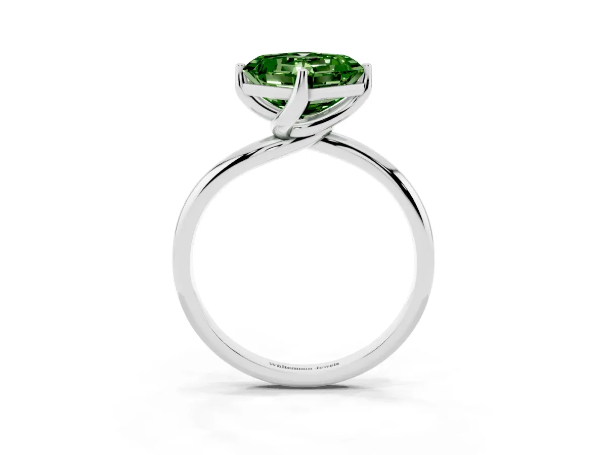 Fancy Green Asscher Cut Diamond Solitaire Engagement Ring with Four-Prong Setting and Classic Band Silver
