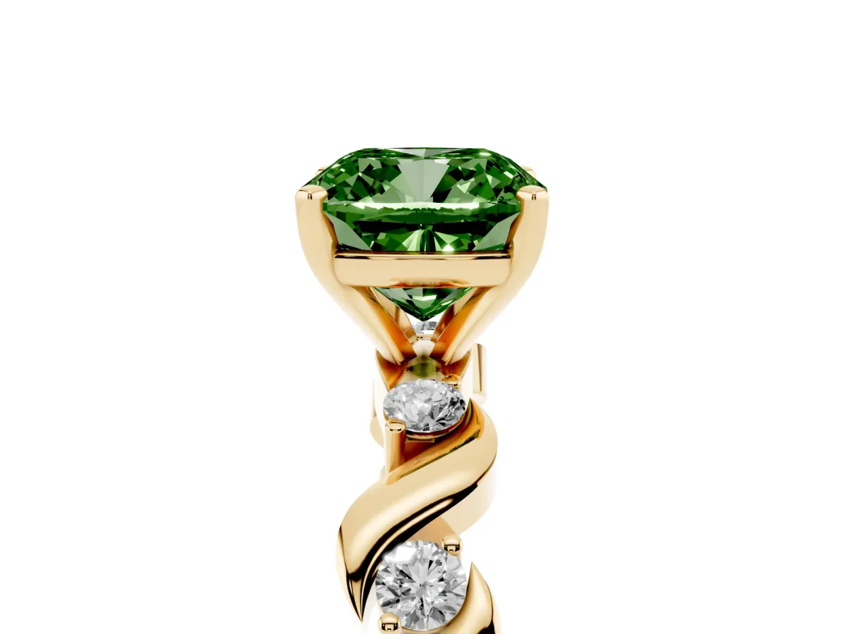 Fancy Green Cushion Cut Diamond Solitaire Twisted Band with Round Accents and Prong Setting Yellow gold
