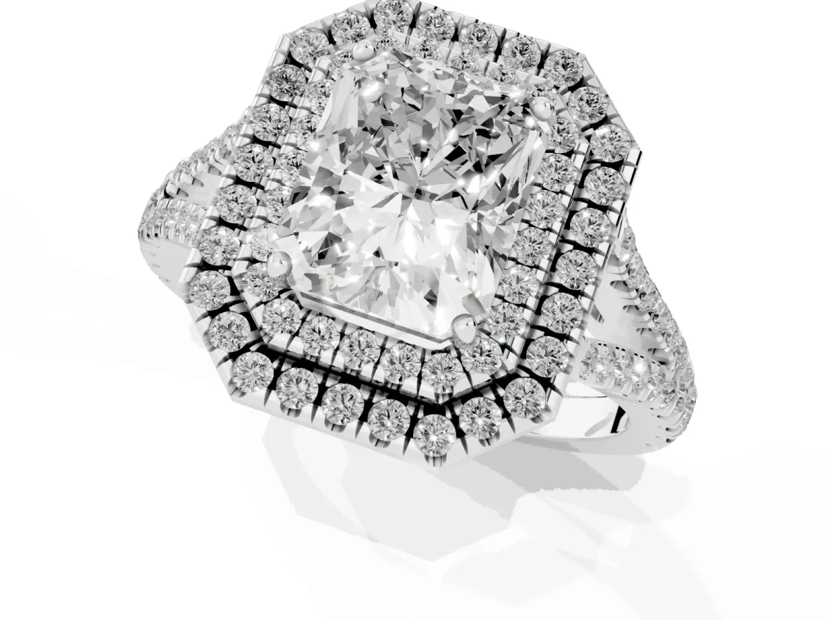 Radiant Cut Diamond Double Halo Ring with Pavé Band and Prong Setting Silver