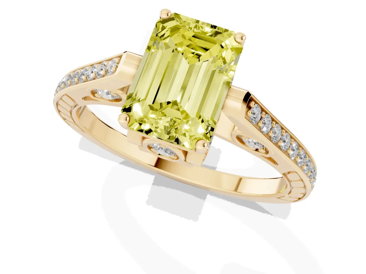 Fancy Yellow Emerald Cut Cut Cathedral Pave Diamond Engagement Ring with Six-Prong Setting Yellow gold