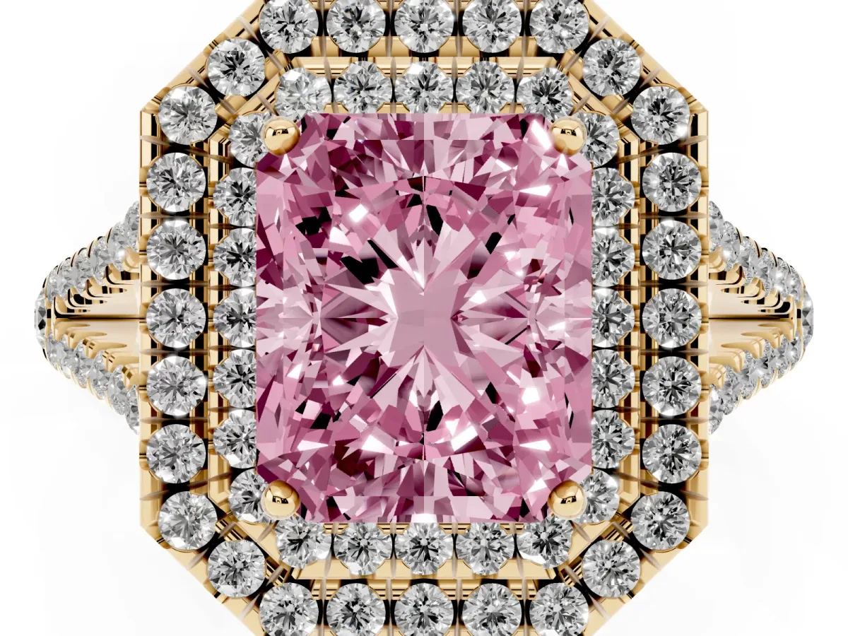 Fancy Pink Radiant Cut Diamond Double Halo Ring with Pavé Band and Prong Setting Yellow gold