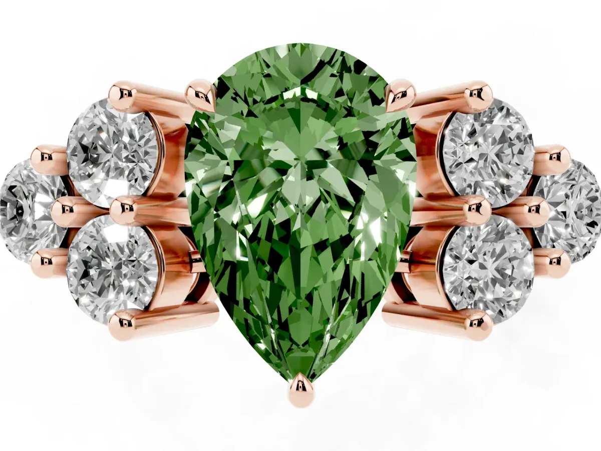 Fancy Green Pear Cut Brilliant Diamond Cluster Accent Solitaire Ring with Prong Setting Rose gold