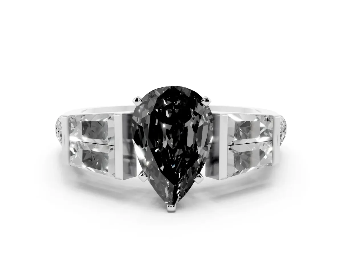 Fancy Black Pear Cut Diamond Engagement Ring with Baguette Side Stones and Channel Set Band Silver