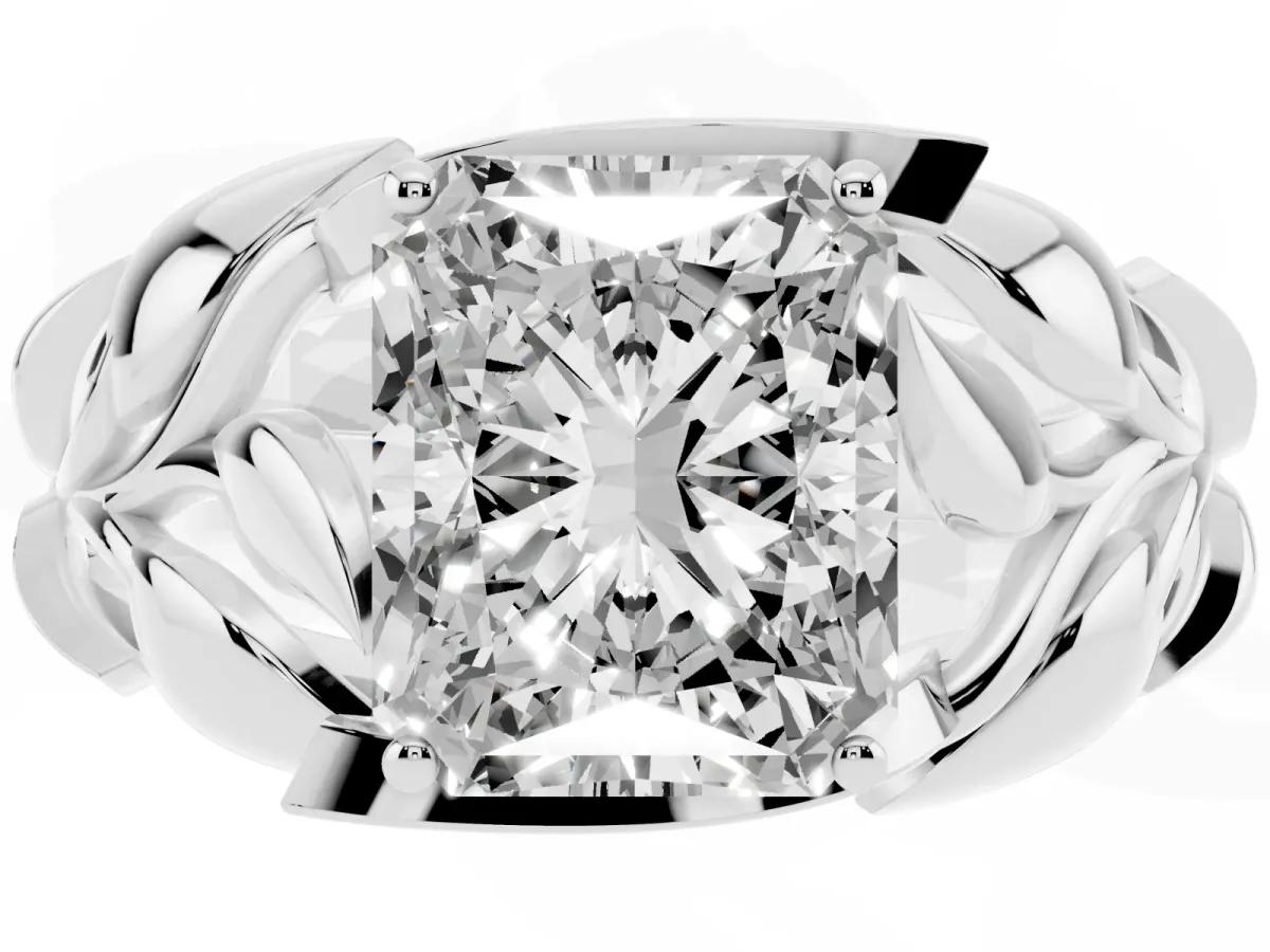 Radiant Cut Diamond Leaf-Inspired Engagement Ring with Round Accents and Prong Setting White gold