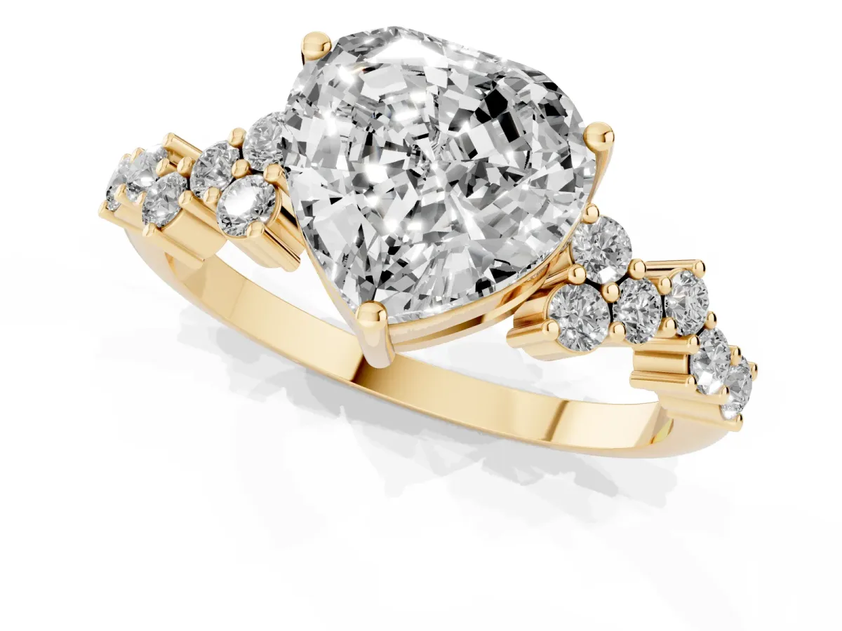 Heart Cut Diamond Scattered Round Accent Ring with Prong Setting Yellow gold
