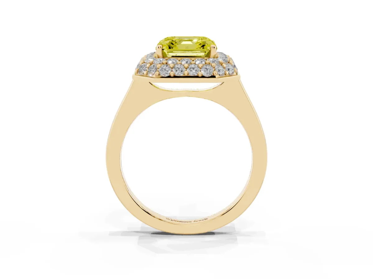 Fancy Yellow Asscher Cut Halo Diamond Engagement Ring with Solitaire Band and Four-Prong Setting Yellow gold