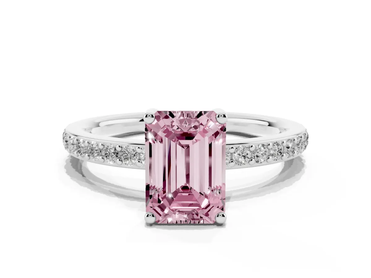 Fancy Pink Emerald Cut Cut Diamond Pavé Band Ring with Four-Prong Setting Silver