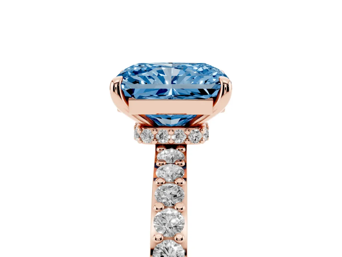 Fancy Blue Radiant Cut Diamond Pavé Engagement Ring with Round Accents and Prong Setting Rose gold