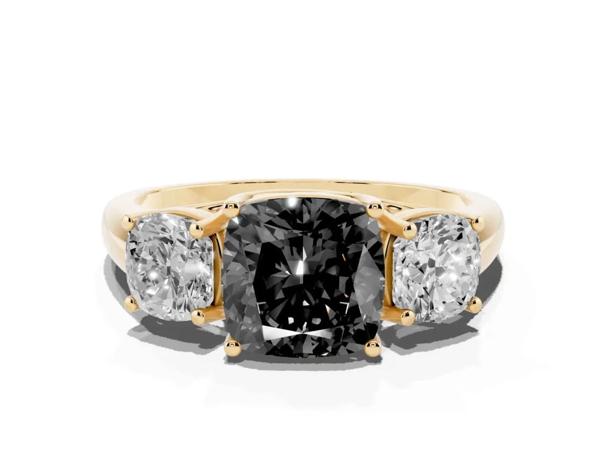 Fancy Black Three-Stone Cushion Cut Diamond Engagement Ring with Prong Setting Yellow gold