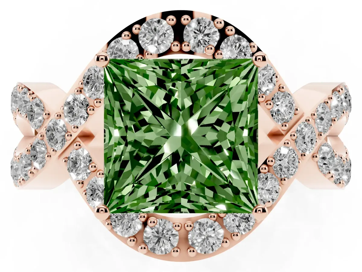 Fancy Green Princess Cut Solitaire Twist Band Pavé Diamond Engagement Ring Rose gold