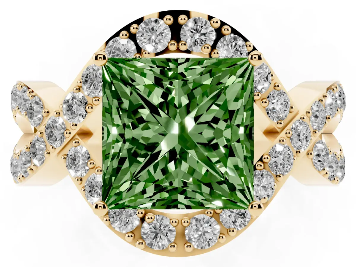 Fancy Green Princess Cut Solitaire Twist Band Pavé Diamond Engagement Ring Yellow gold