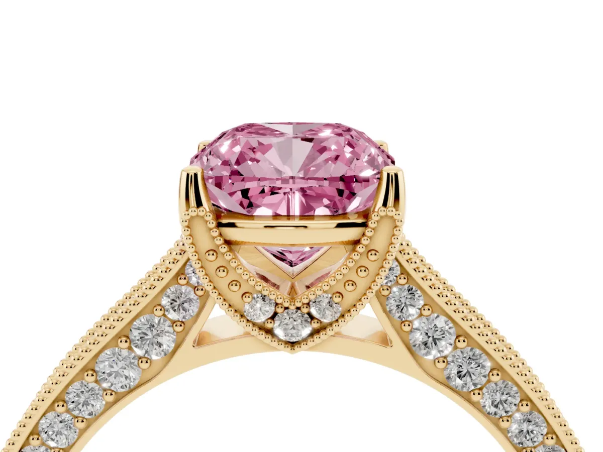 Fancy Pink Cushion Cut Cut Diamond Solitaire Ring with Milgrain Pave Band and Four Prong Setting Yellow gold