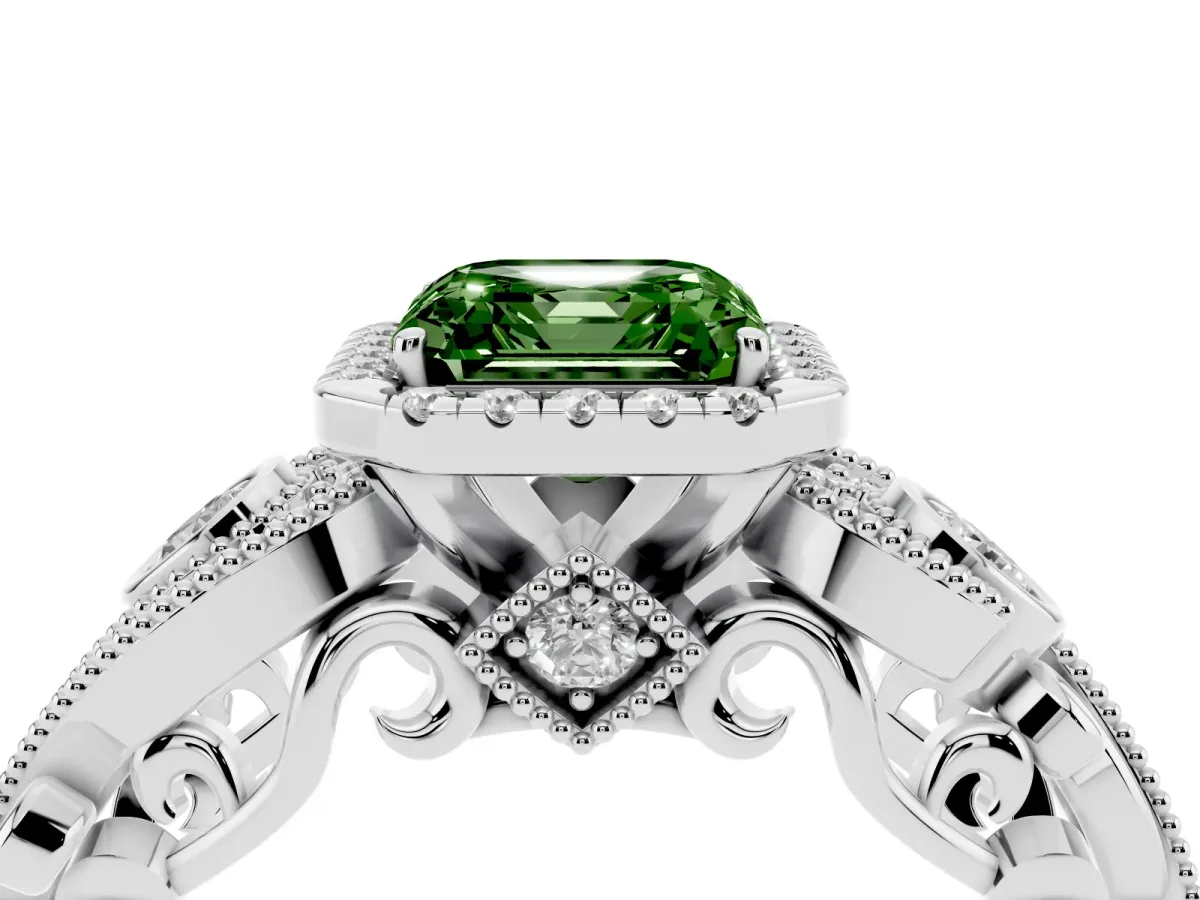 Fancy Green Asscher Cut Diamond Halo Ring with Milgrain Pavé Band and Four-Prong Setting White gold