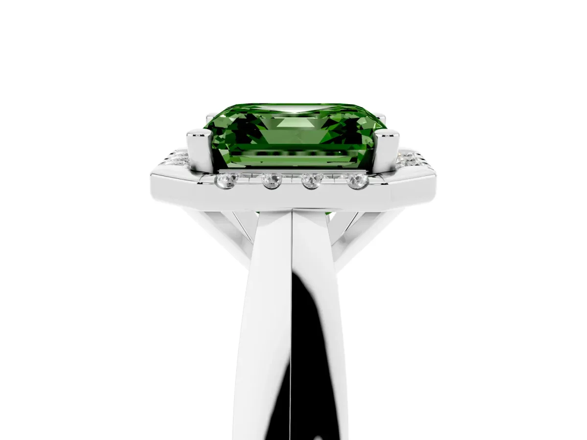 Fancy Green Asscher Cut Cut Halo Solitaire Engagement Ring with Square Band and Four-Prong Setting Silver