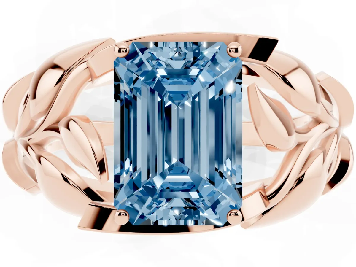 Fancy Blue Emerald Cut Diamond Leaf-Inspired Engagement Ring with Round Accents and Prong Setting Rose gold