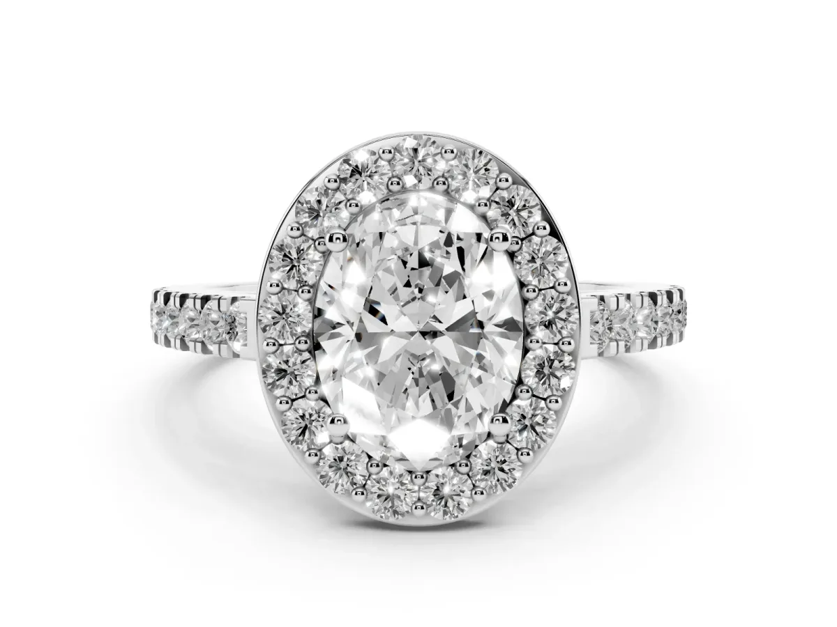 Oval Cut Diamond Halo Ring with Round Pavé Split Shank and Prong Setting White gold