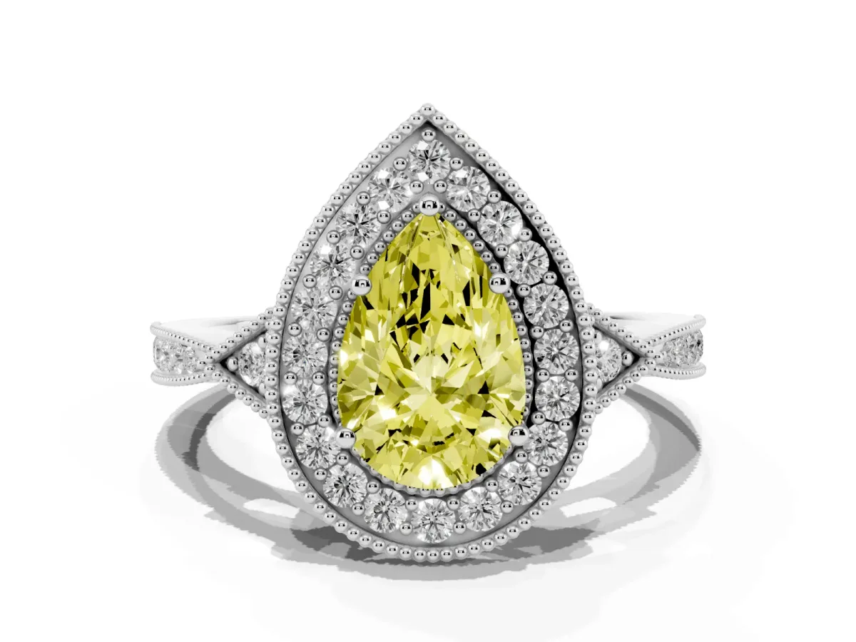 Fancy Yellow Pear Cut Halo Round Diamond Milgrain Pave Engagement Ring Platinum