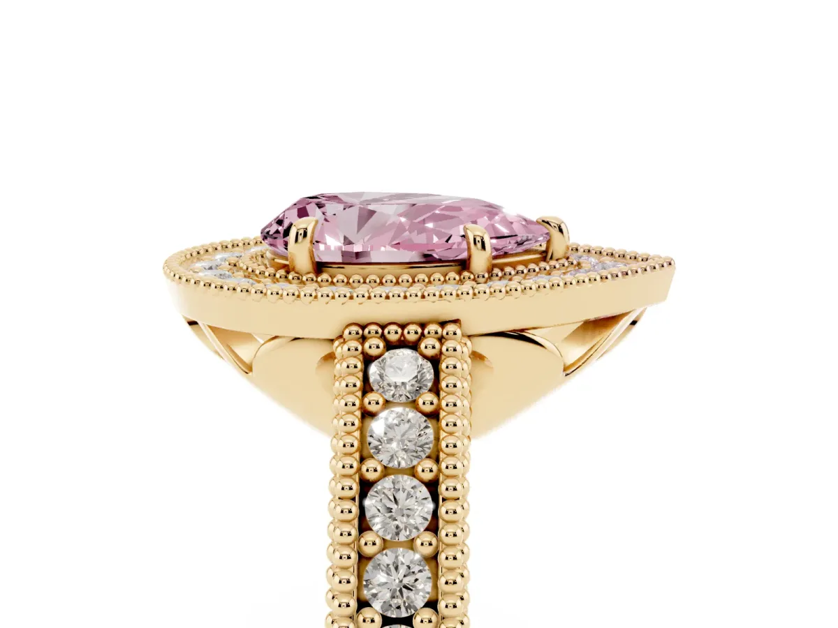 Fancy Pink Pear Cut Cut Halo Diamond Ring with Pavé Band and Four-Prong Setting Yellow gold