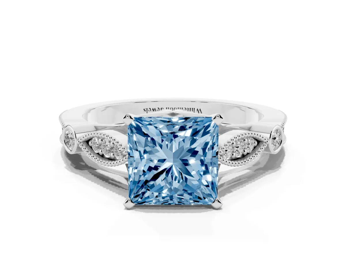 Fancy Blue Princess Cut Cut Diamond with Milgrain Marquise and Bezel Accents on a Solitaire Band with Prong Setting Silver