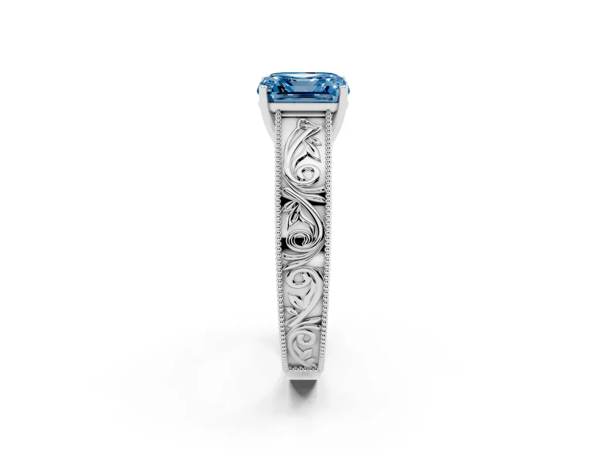 Fancy Blue Asscher Cut Diamond Solitaire Ring with Engraved Band and Four-Prong Setting White gold