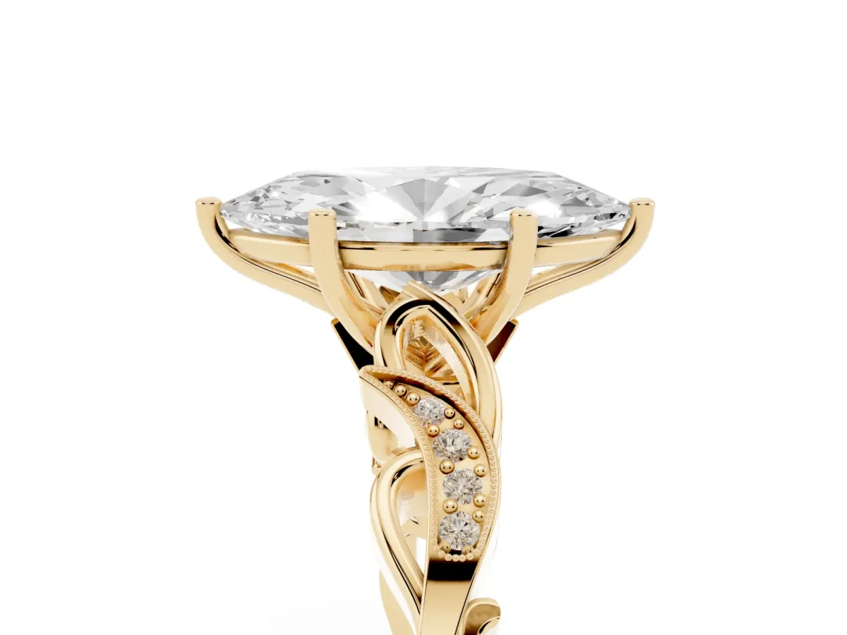Marquise Cut Solitaire Vine Band with Milgrain Prong Setting Yellow gold