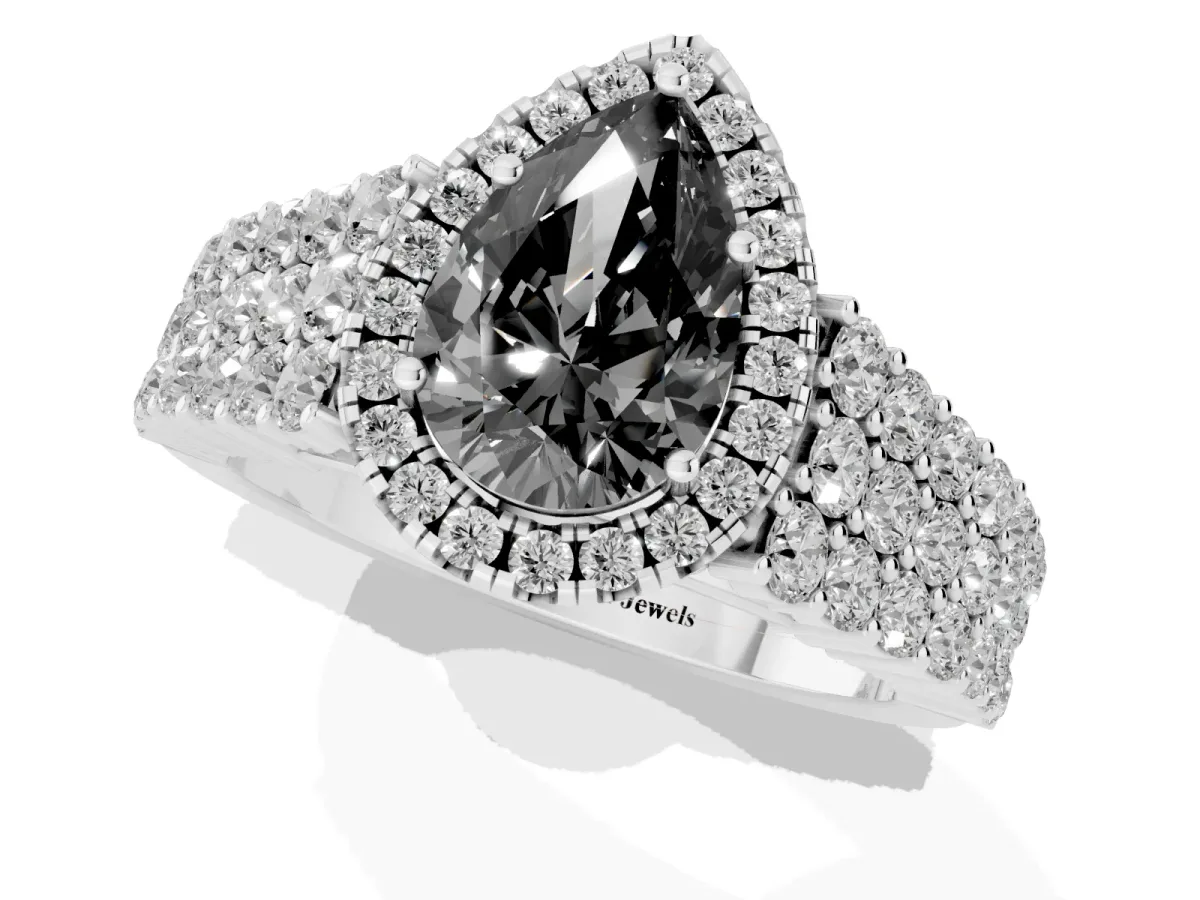 Fancy Black Pear Cut Diamond Halo Engagement Ring with Triple Row Round Pavé Band and Prong Setting Platinum